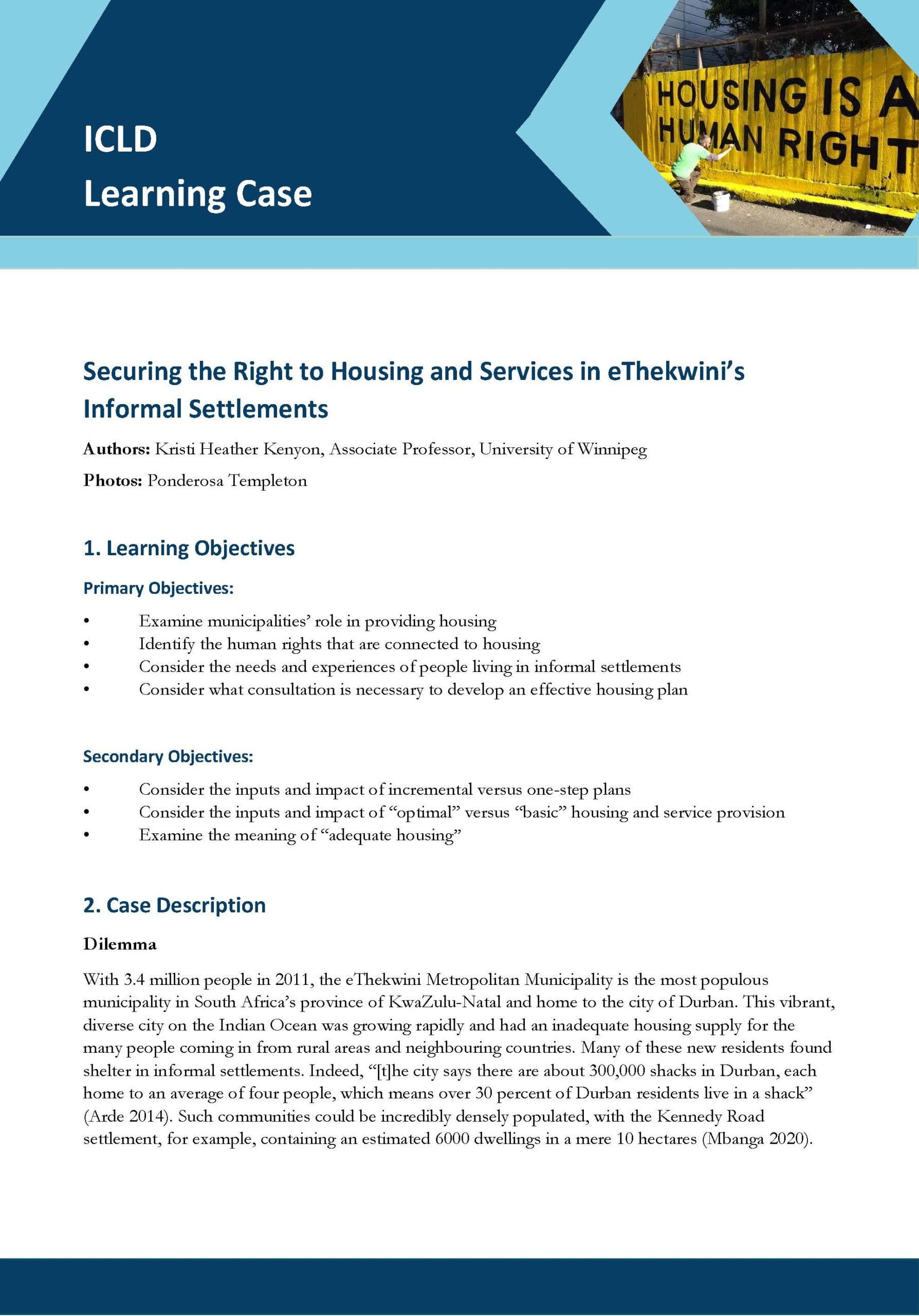 Securing the Right to Housing and Services in eThekwini’s Informal Settlements