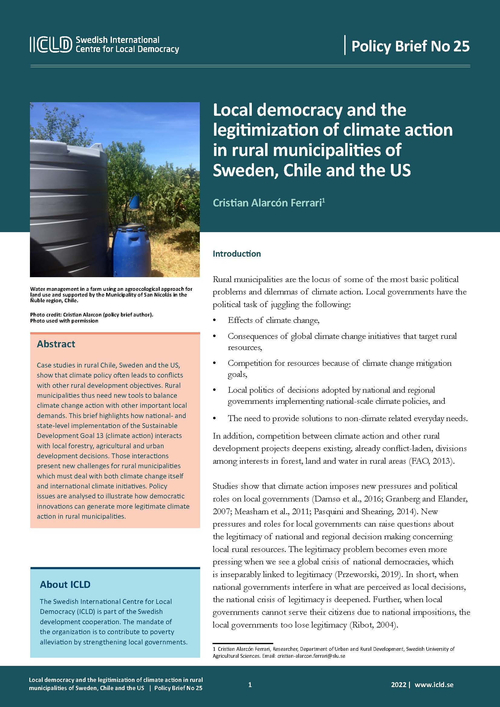 Local Democracy and the Legitimization of Climate Action in Rural Municipalities of Sweden, Chile and the US