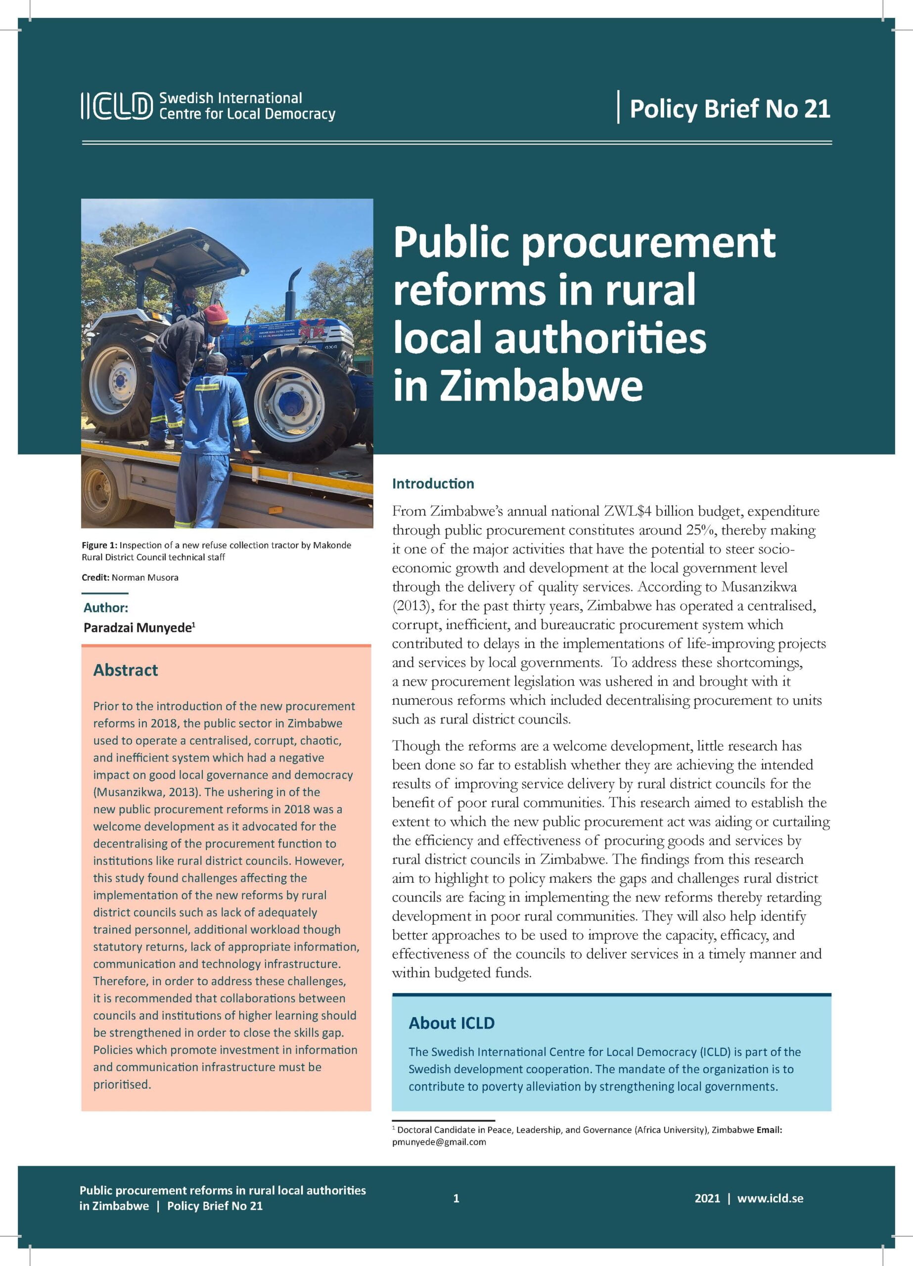 Public procurement reforms in rural local authorities in Zimbabwe
