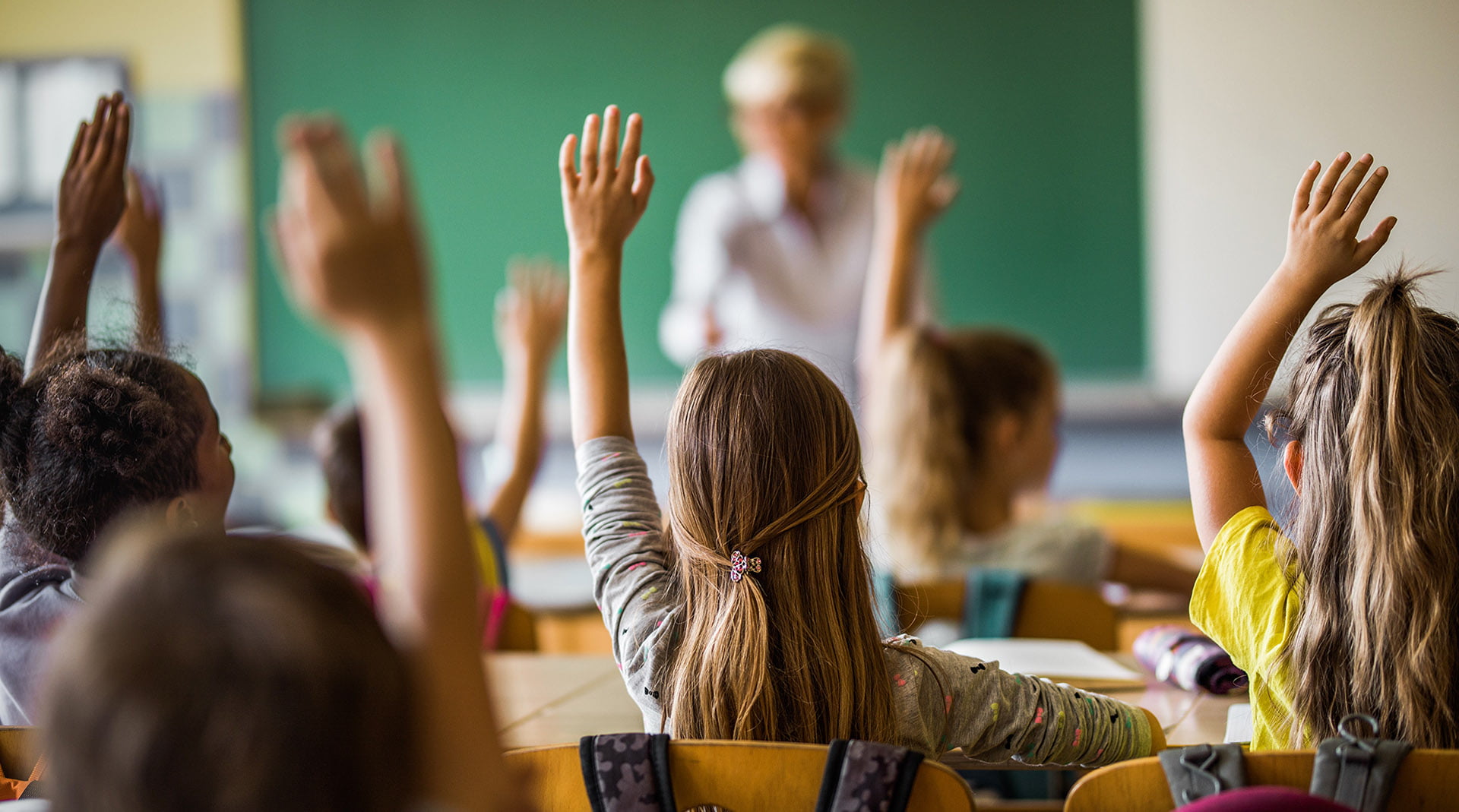 Rear view of large group of students raising their arms to answer the question on a class at elementary school.